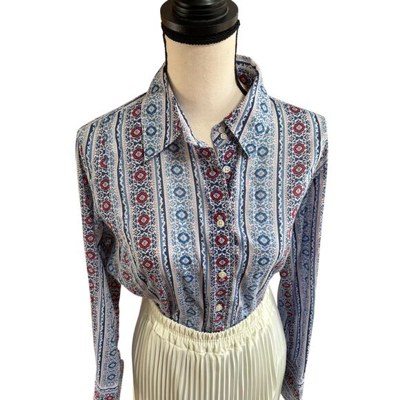 Faconnable Women’s 100% Cotton Button Down Shirt Blue Red Print Size M - Picture 2 of 7